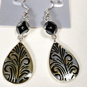 Elegant Black Silver Gold Teardrop Earrings – 2.25" Drop Dangle Fashion Jewelry